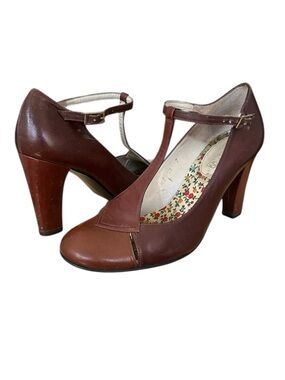 JEFFREY CAMPBELL Brown Leather T-Strap Heels Vintage-Inspired Mary Jane Pumps 7
